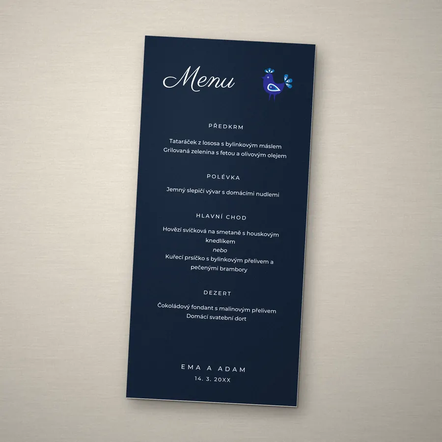 Svatební menu na úzké kartě DL s modrým lidovým ornamentem