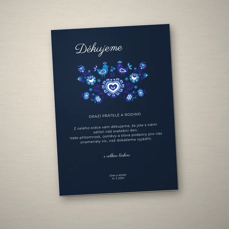 Svatební poděkování Děkujeme s modrým ornamentem